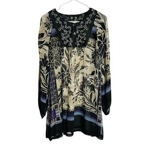 Anu Natural Tunic Top Dress Womens XL Black Beige Floral Sheer Embroidered